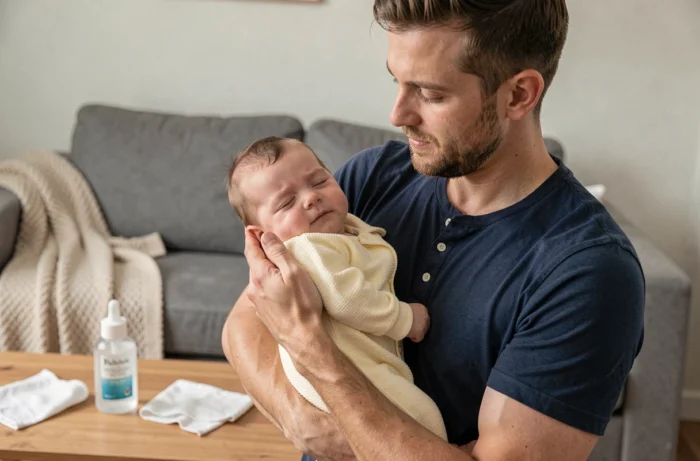 Father holding his sleeping daughter in his arms in the living room after the bath, baby in pale yellow pajamas with half-closed eyes