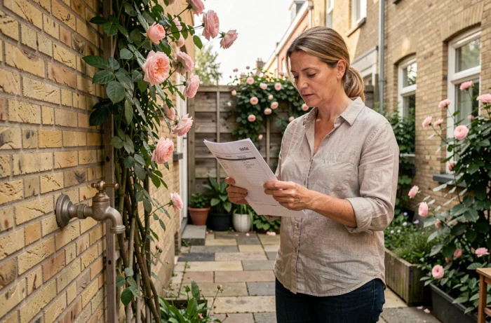 Femme consultant un permis d'urbanisme pour un robinet extérieur dans un jardin de maison bruxelloise