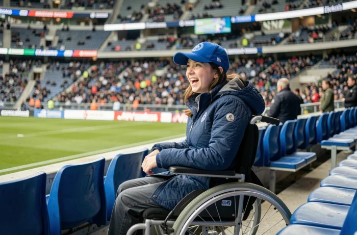 Une femme en fauteuil roulant installée dans un espace PMR au stade du Paris FC regarde un match avec enthousiasme