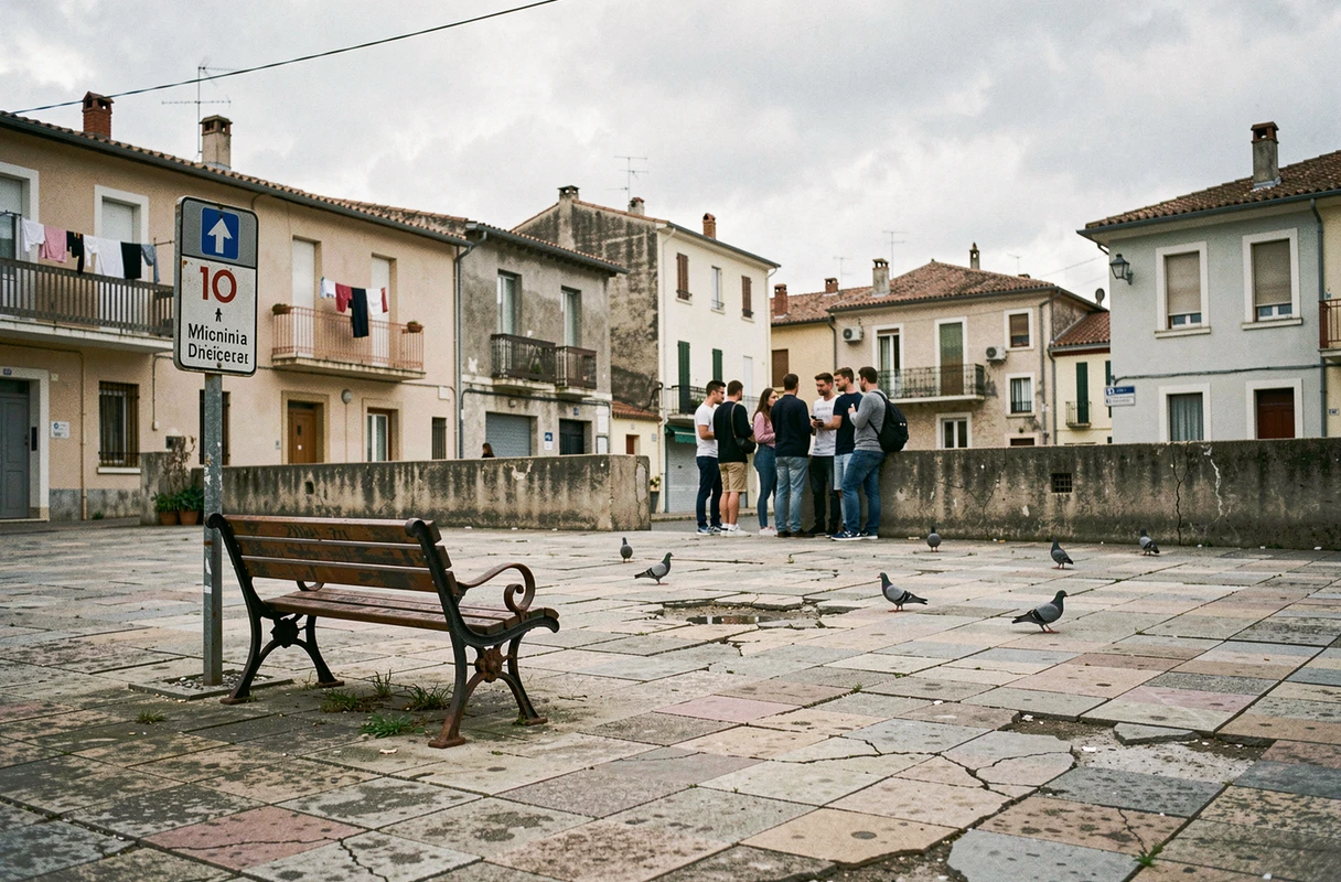 Place publique d'un quartier populaire de Montpellier avec immeubles résidentiels et habitants