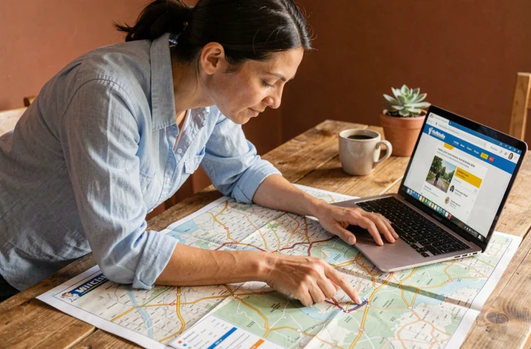 Femme planifiant un itinéraire de voyage sur une carte Michelin dépliée avec ViaMichelin ouvert sur ordinateur portable