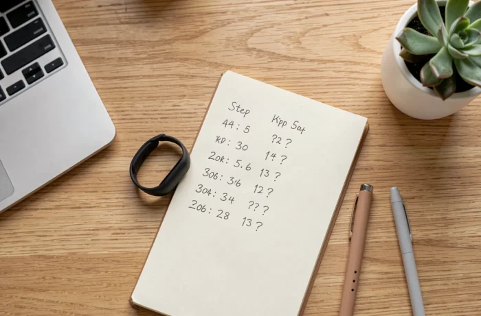 Vue de dessus d'un podomètre posé sur un bureau avec un carnet de suivi des pas manuscrit