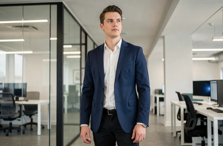 Portrait en pied d'un jeune dirigeant tech de grande taille dans un bureau moderne, illustrant un article sur la taille d'Arthur Mensch