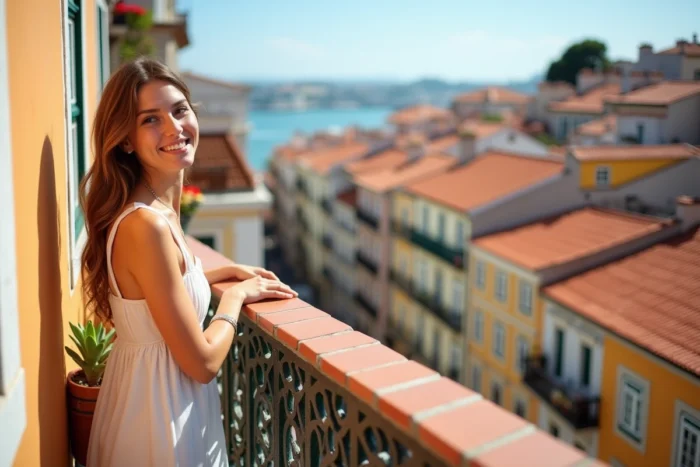 Une voyageuse souriante sur un balcon de Lisbonne, au Portugal, contemplant un quartier coloré de façades couvertes d'azulejos et de toits en tuiles avec le Tage en arrière-plan