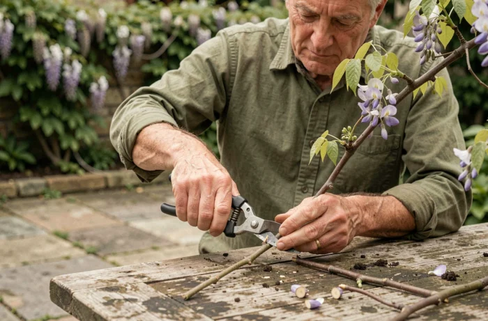 Gardener making a slanted cut on a Wisteria stem with pruning shears to prepare cuttings