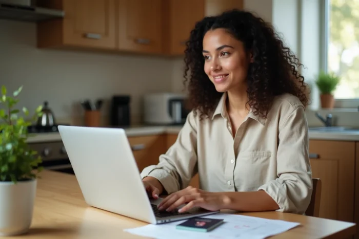 Jeune femme préparant sa demande de passeport en ligne depuis son domicile avec des documents officiels