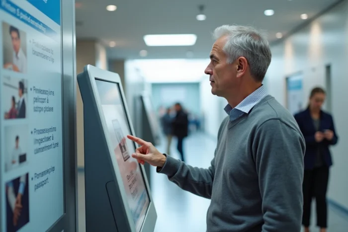 Homme utilisant une borne interactive pour prendre rendez-vous passeport dans une administration publique