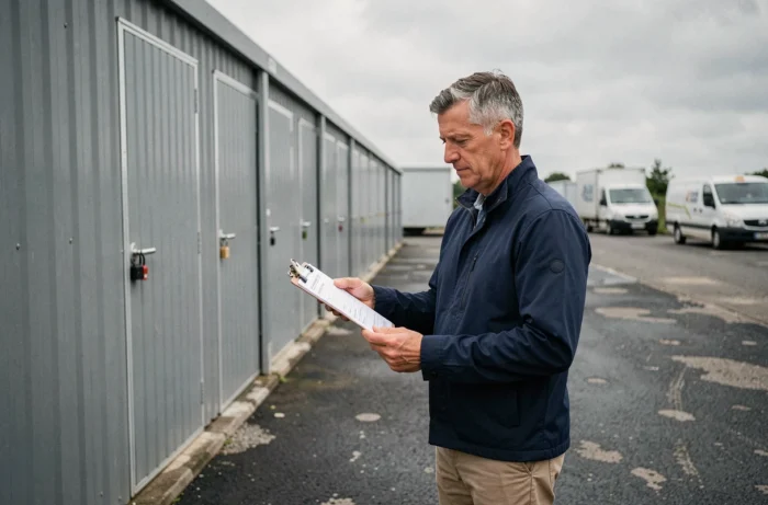 Homme comparant les prix de location de box de stockage en extérieur en banlieue parisienne