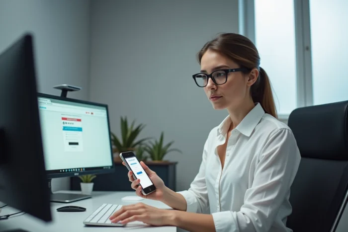 Femme administrative analysant une erreur de connexion au portail My Neoma Agora sur ordinateur et smartphone