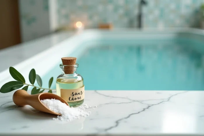 Produits naturels alternatifs au chlore pour spa, comprenant des sels minéraux et des huiles essentielles posés sur un comptoir en marbre blanc