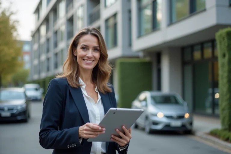 Femme professionnelle de l'immobilier devant un immeuble résidentiel moderne, tenant une tablette avec des plans architecturaux
