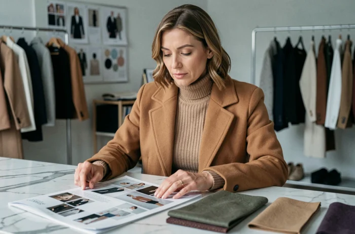 Professional woman in fashion analyzing trends with magazines and fabric samples