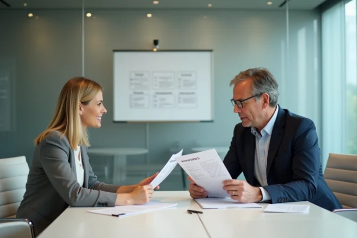 Deux professionnels discutant de stratégies de recherche d'emploi avec des CVs et une tablette dans une salle de réunion