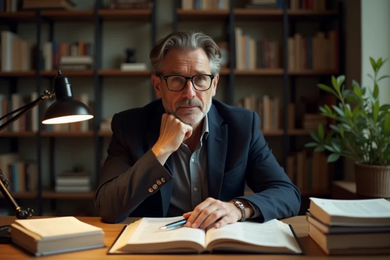 Psychologue masculin en train de réfléchir à son bureau entouré de livres de psychologie, illustrant l'étude scientifique de la sadicité