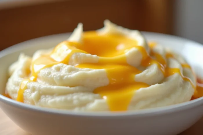 Purée de pommes de terre crémeuse avec du fromage fondu et filant dans un bol en céramique blanche