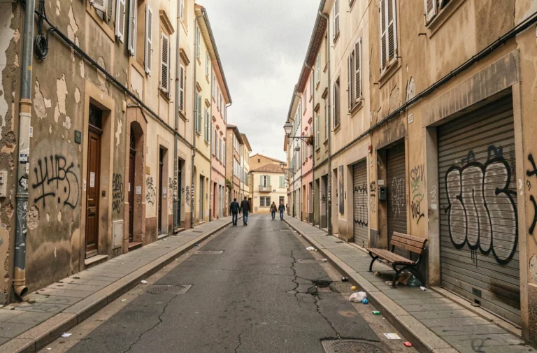 Rue dégradée d'un quartier défavorisé de Montpellier avec façades usées et commerces fermés