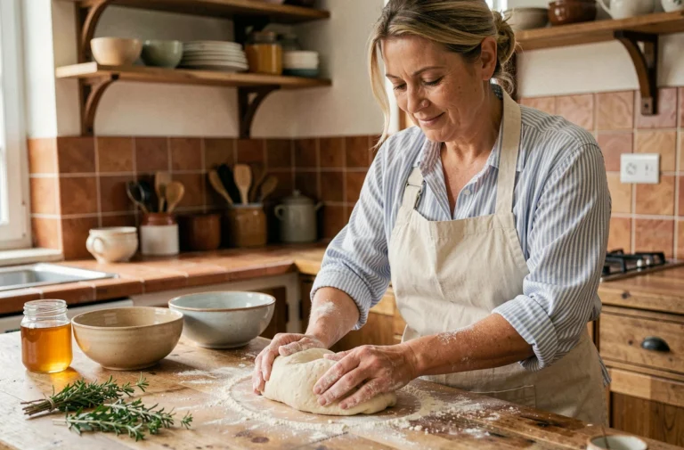 Femme préparant de la pâte à pain dans une cuisine rustique et chaleureuse, entourée d'ingrédients naturels pour une recette maison
