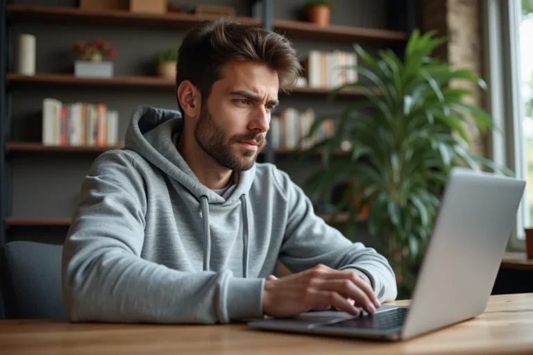 Homme cherchant la nouvelle adresse de Nokraf sur son ordinateur portable dans un bureau à domicile