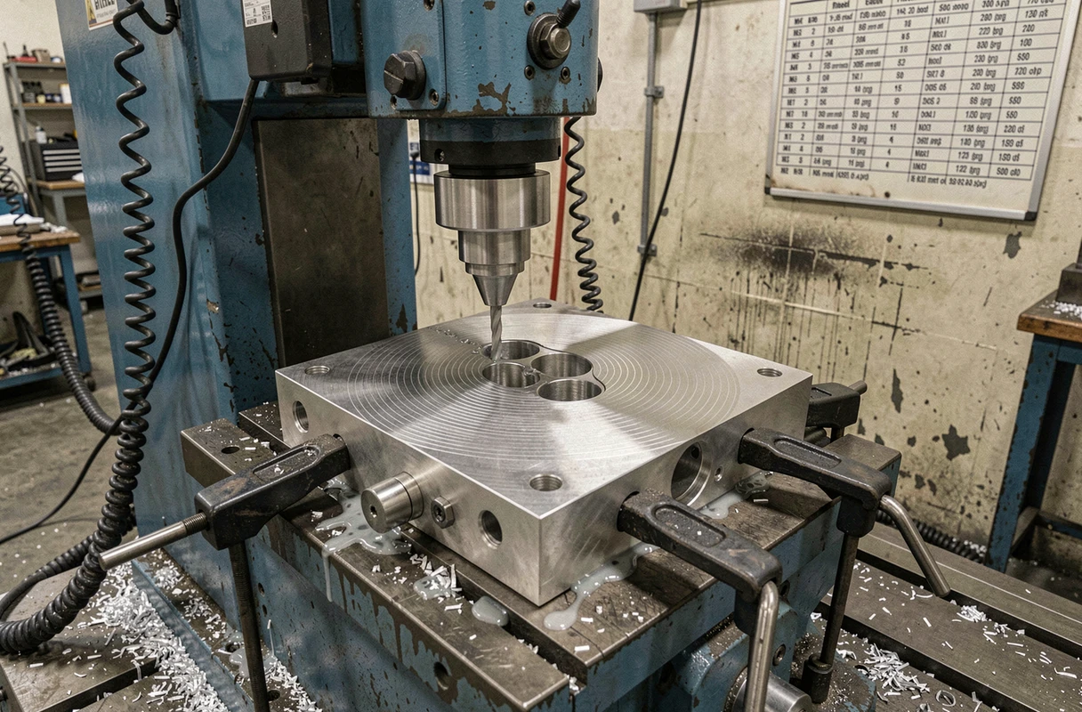 Rectification de surface d'une culasse en aluminium sur une machine d'usinage industrielle avec fixations métalliques