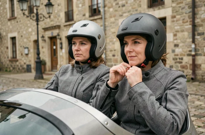 Conductrice de side-car aidant un passager à ajuster son casque sur une place de village en France