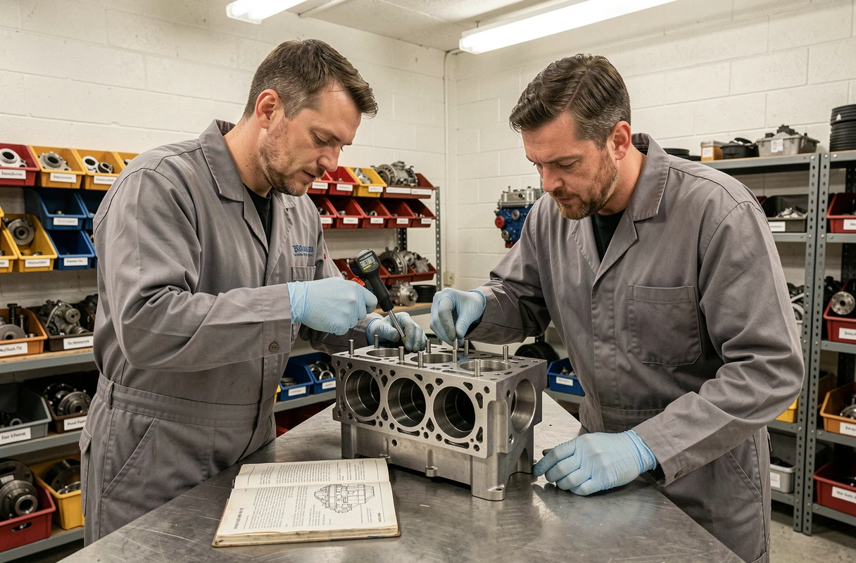 Deux techniciens automobile remontant une culasse rectifiée en atelier avec clé dynamométrique et manuel technique