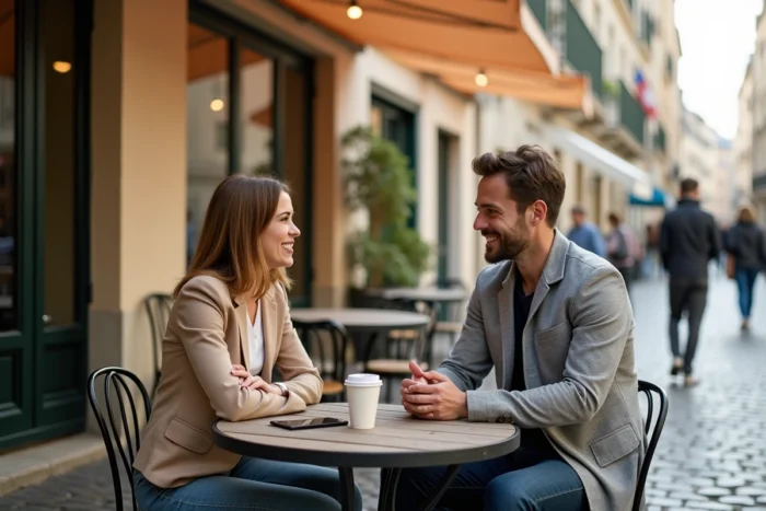 Couple se rencontrant en personne après avoir utilisé un site de rencontre gratuit français