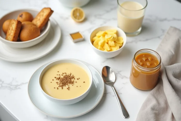 Assortiment de repas doux et faciles à manger après une extraction dentaire, présentés sur un plan de travail en marbre blanc