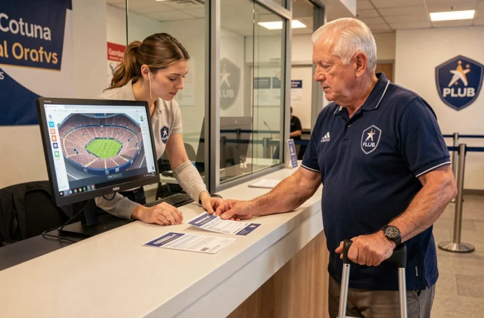 Une employée du Paris FC aide un homme à mobilité réduite à réserver des places accessibles PMR au guichet du stade