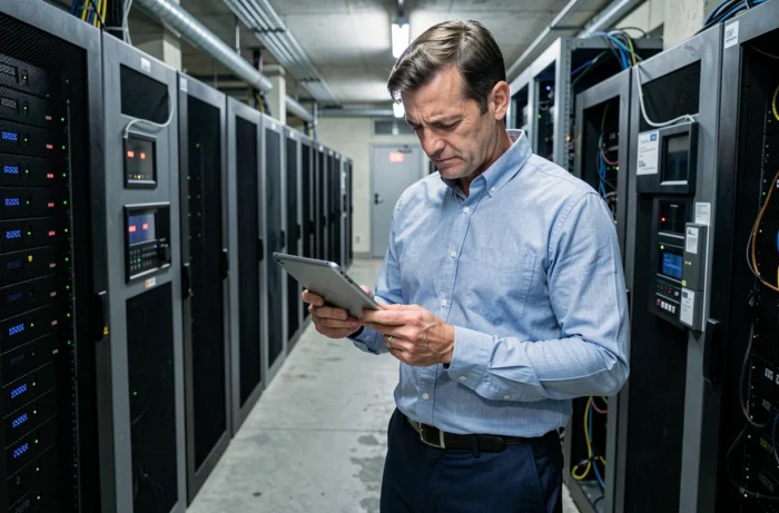 Responsable informatique consultant des offres internet professionnelles dans une salle de serveurs