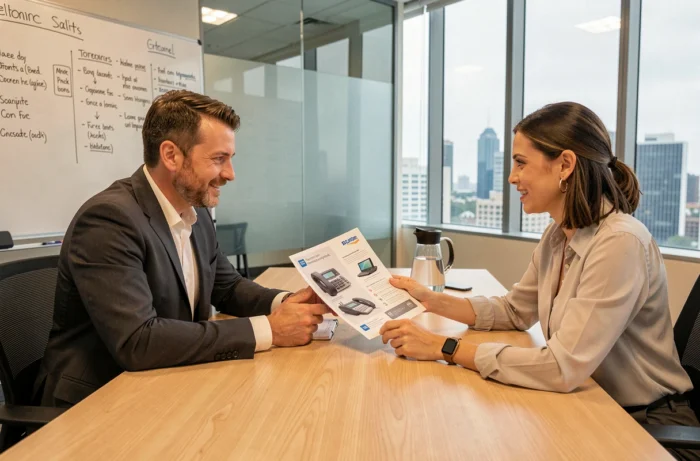 Réunion de négociation avec un fournisseur de services téléphoniques et internet pour entreprises