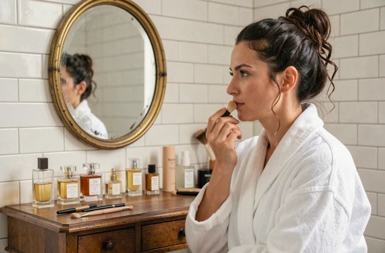 Femme aux cheveux bouclés appliquant son fond de teint devant un miroir vintage dans une salle de bain parisienne