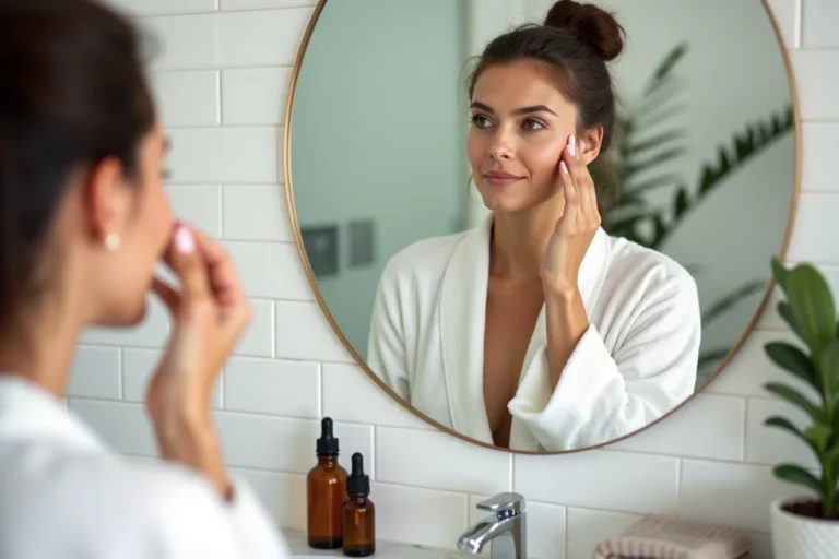 Femme appliquant un sérum sur sa peau dans une salle de bain minimaliste pour une routine beauté quotidienne