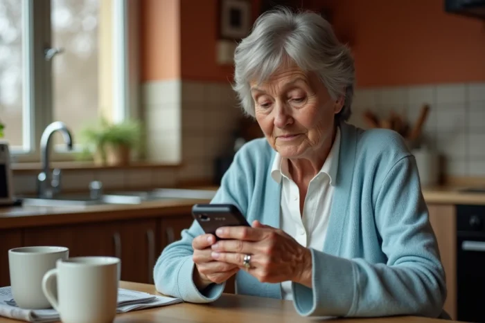 Femme âgée examinant un téléphone Doro à grandes touches dans une cuisine européenne, illustrant l'usage des téléphones Doro pour seniors et leur qualité de fabrication
