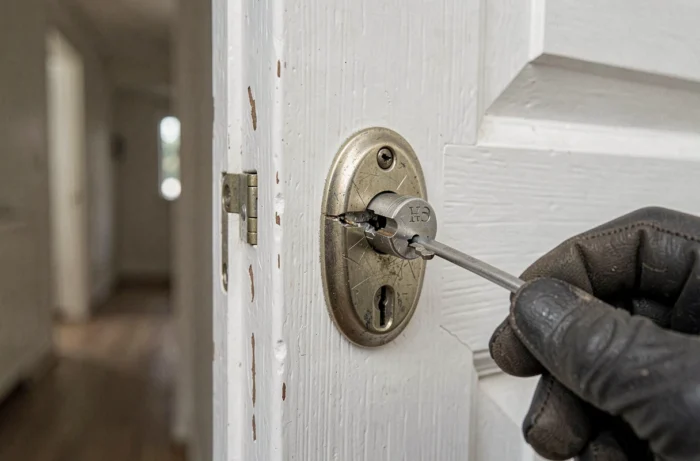 Close-up of a damaged lock with a broken key requiring locksmith intervention