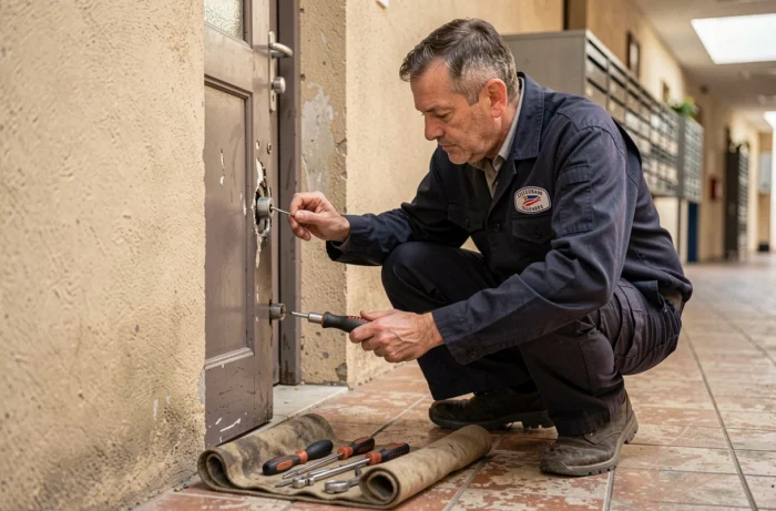 Serrurier professionnel en intervention d'urgence devant une porte d'appartement à Villeurbanne