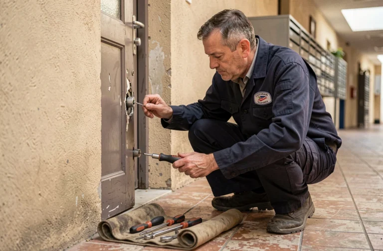 Serrurier professionnel en intervention d'urgence devant une porte d'appartement à Villeurbanne