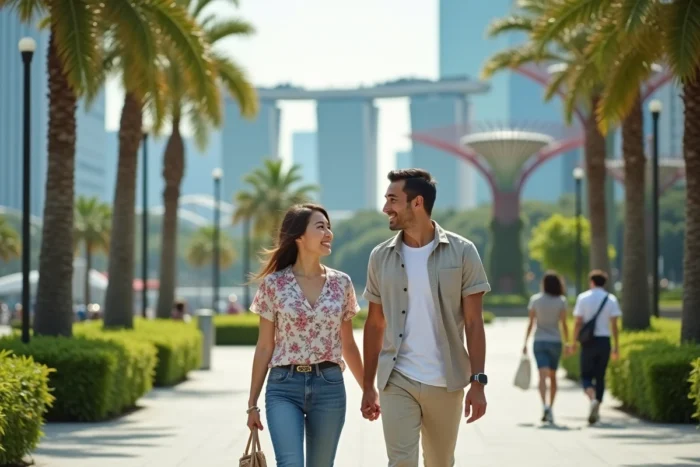 Un couple de voyageurs se promenant dans le quartier de Marina Bay à Singapour, avec la skyline futuriste et les supertrees en arrière-plan, illustrant la sécurité et la propreté de la ville-État