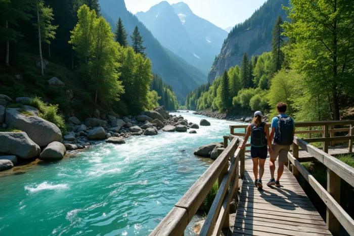 Un couple de randonneurs sur un pont en bois au-dessus de la rivière Soča aux eaux turquoise dans le parc national du Triglav, en Slovénie, entouré de forêts et de sommets alpins