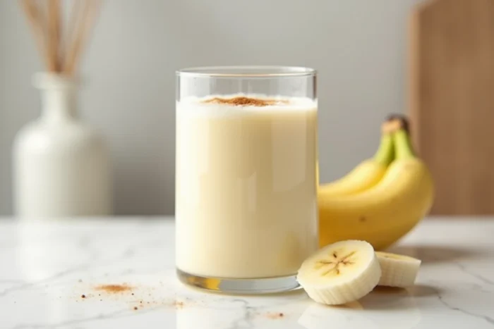 Smoothie banane et lait épais servi dans un grand verre sans paille sur un plan de travail en marbre blanc, avec une banane tranchée à côté