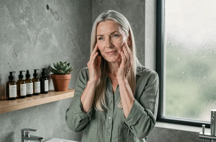 Femme d'âge mûr appliquant un sérum visage dans une salle de bain scandinave minimaliste