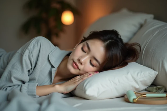 Jeune femme se reposant avec une peau hydratée et éclatante dans un environnement de chambre cosy