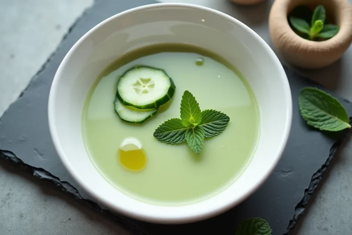 Soupe froide de concombre et menthe lisse et crémeuse dans un bol blanc mat sur une ardoise grise, garnie d'une tranche de concombre et de feuilles de menthe fraîche