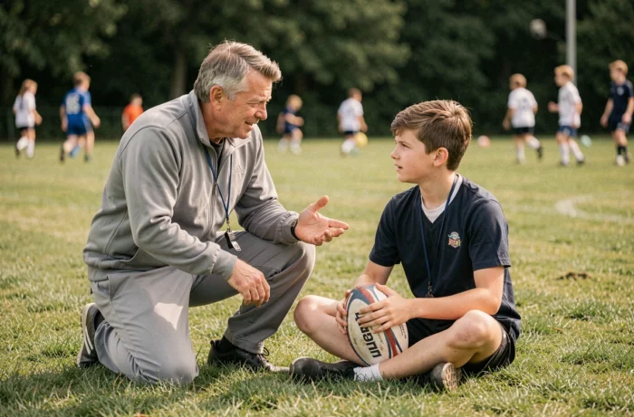 Entraîneur bénévole encourageant un adolescent lors d'un entraînement de rugby dans un parc public, représentant le rôle du sport comme vecteur d'insertion sociale et de transmission de valeurs