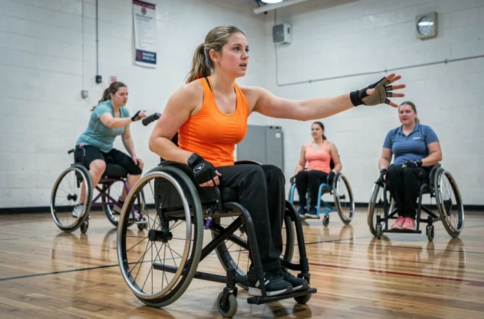Femme en fauteuil roulant participant activement à une session de volleyball mixte dans un gymnase communautaire, illustrant l'inclusion handisport et la solidarité par le sport