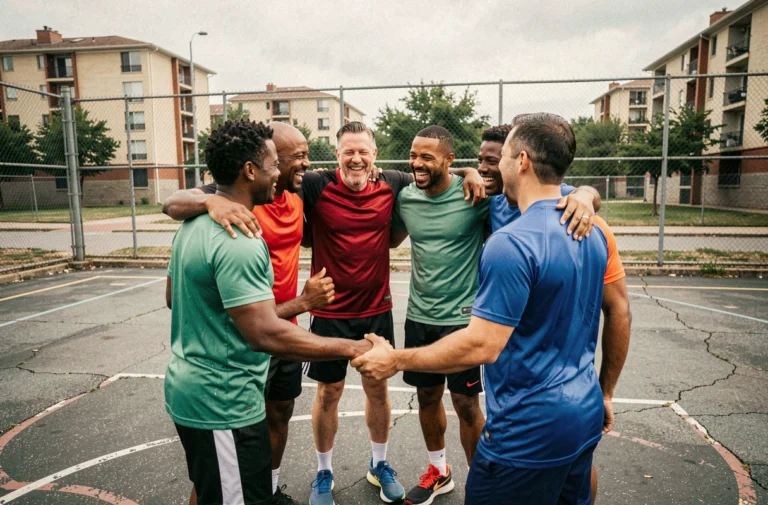 Groupe multiculturel d'adultes se retrouvant après un match de basketball en plein air dans un quartier urbain, symbole de solidarité et d'inclusion sociale par le sport