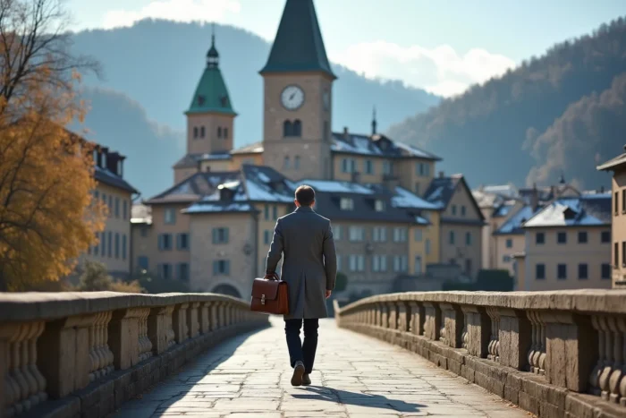 Un homme élégant traversant un pont historique en pierre à Berne, en Suisse, avec la vieille ville médiévale et les contreforts des Alpes enneigés en arrière-plan