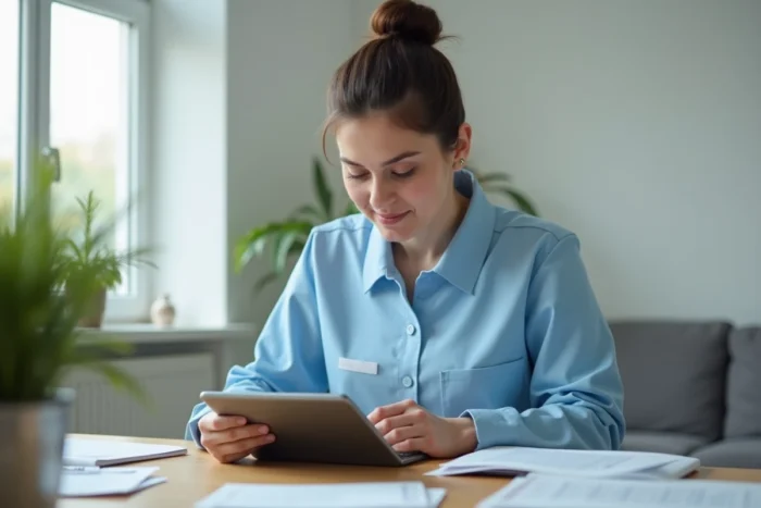 Aide à domicile ADMR saisissant ses heures de travail sur une tablette numérique dans un bureau à domicile organisé