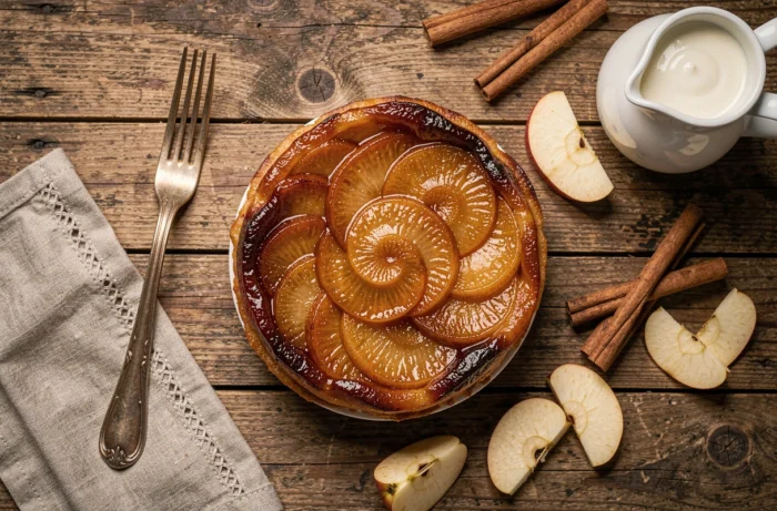Vue de dessus d'une tarte tatin caramélisée posée sur une table en bois rustique avec des accessoires de cuisine vintage