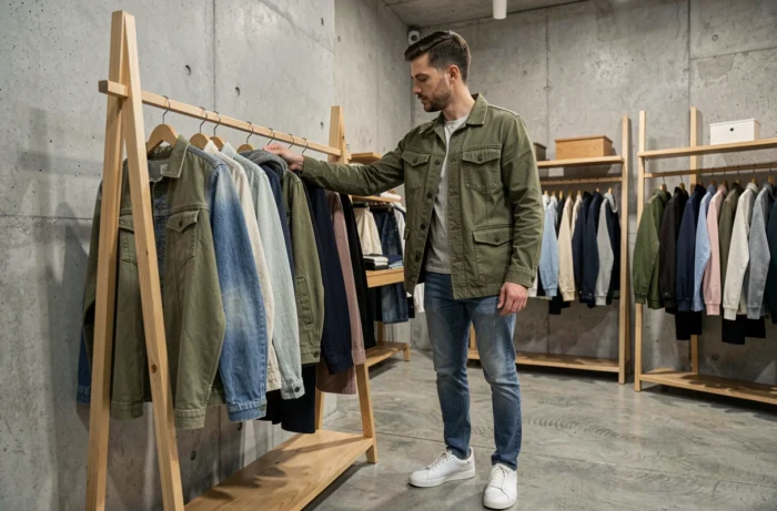Homme en veste chore olive et jean brut explorant les tendances mode dans une boutique concept minimaliste