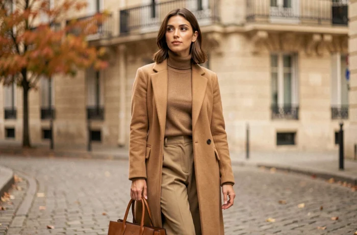 Femme élégante portant un manteau en laine camel et un pantalon large dans une rue parisienne en automne, tendance mode saison